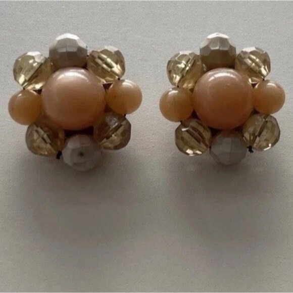 Vintage 1950s Faux Pearl Sea Cream Orange Crystal Cluster Clip on Earrings - Picture 2 of 12